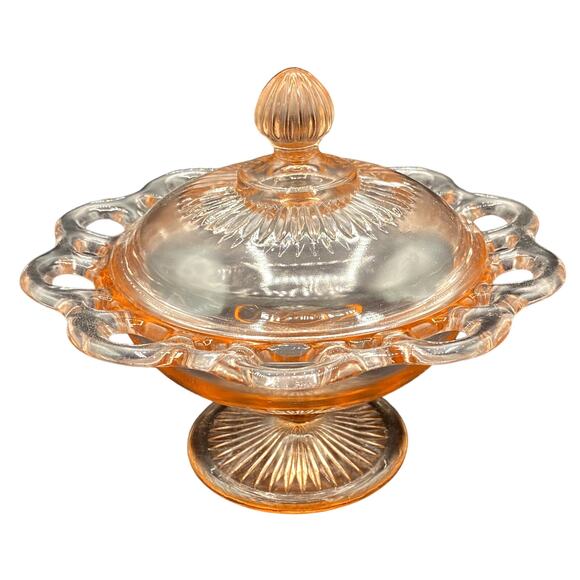 Vtg OLD COLONY Depression Glass Lace edge open lace pink footed bowl with lid - Picture 1 of 4